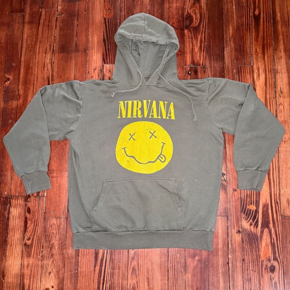 NIRVANA Other - Nirvana Smiley Face Graphic Hoodie Men's Large Green Yellow Distressed Rock Band